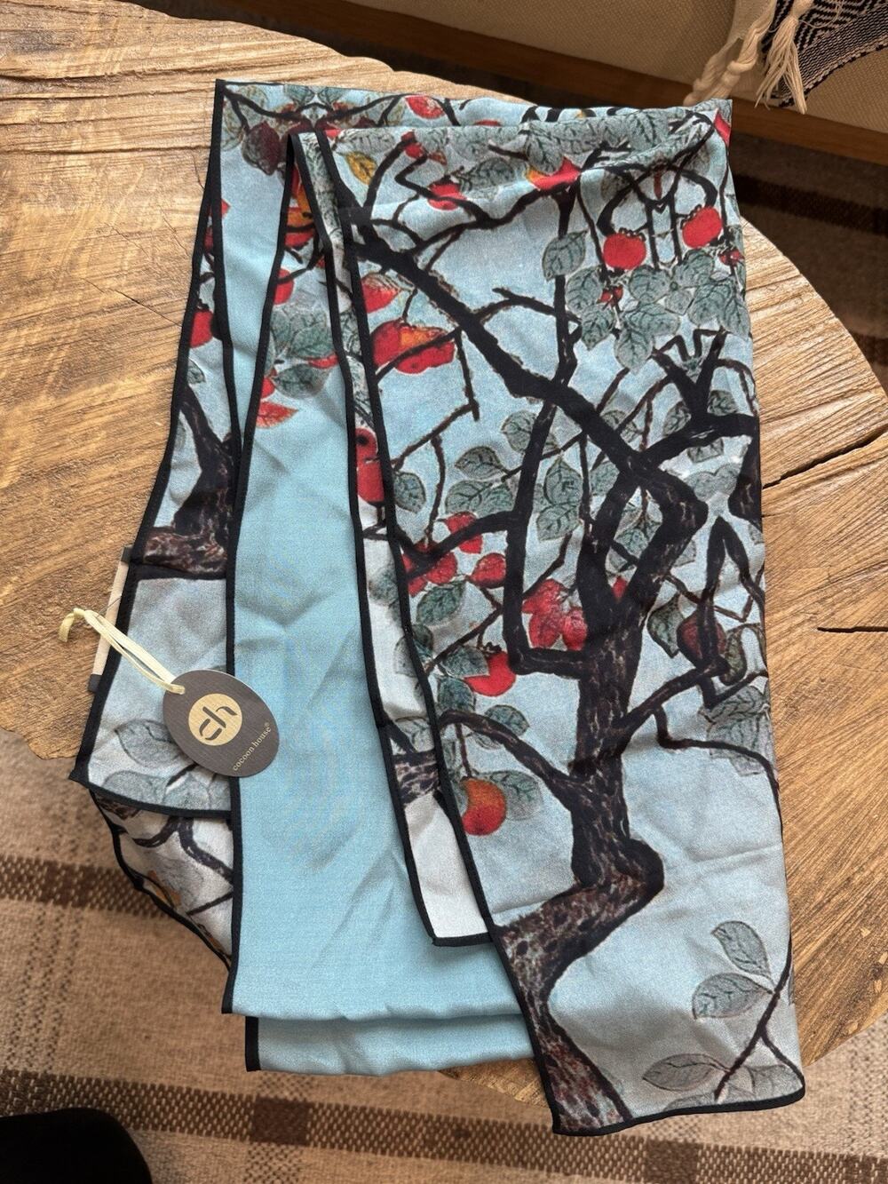 Cocoon House Silk Scarf Rectangle 16” X 61” Peach Tree Nature Handmade Blue